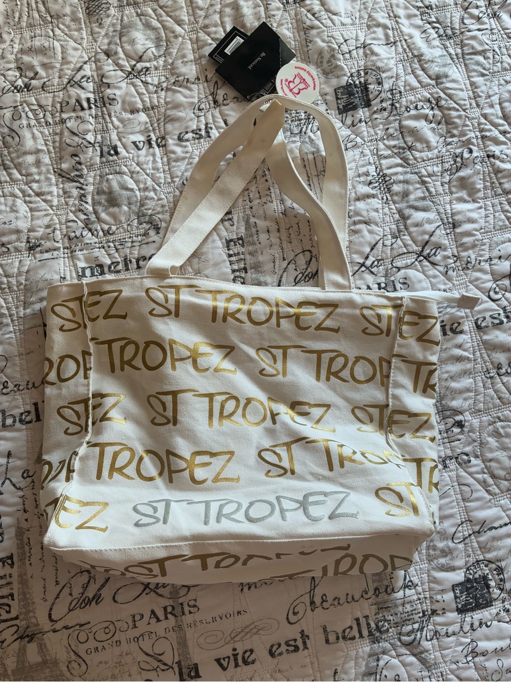 St. Tropez White Canvas Tote with Gold Logo Print
